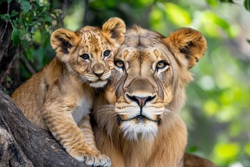 Fototapeta premium Kenya lion cub nuzzling its mother, sharing a moment of tenderness amidst the wild surroundings