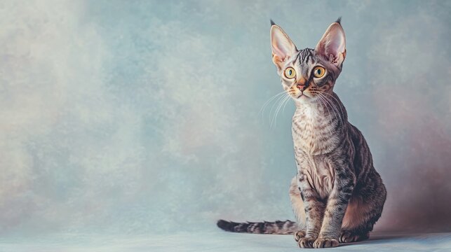 A Pixie-Bob cat sitting gracefully on a soft pastel background, showcasing its unique tufted ears and expressive eyes