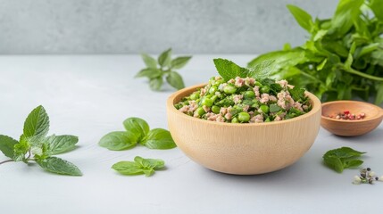 Traditional Isaan larb, Thai minced meat salad, spicy herbs.