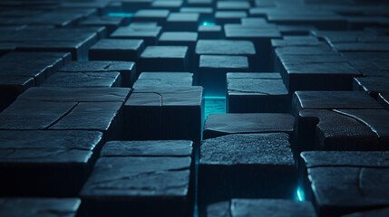 Obraz premium Dark futuristic stone blocks with blue glowing light in abstract design