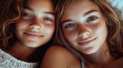 Two distinct freckled girls laying next to each other, wearing radiant smiles that capture the essence of their joyful and affectionate connection, showcasing innocence.