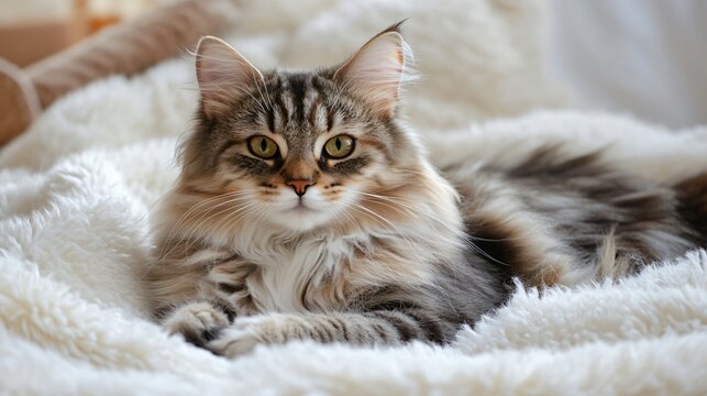A fluffy ragamuffin cat lounging on a soft white blanket, showcasing its vibrant fur texture and expressive eyes