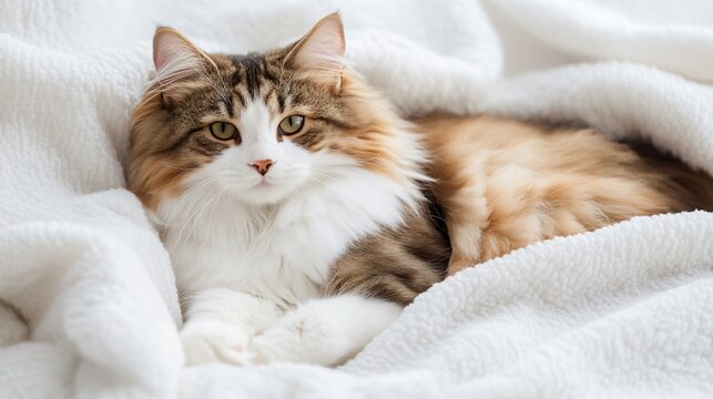 A fluffy ragamuffin cat lounging on a soft white blanket, showcasing its vibrant fur texture and expressive eyes