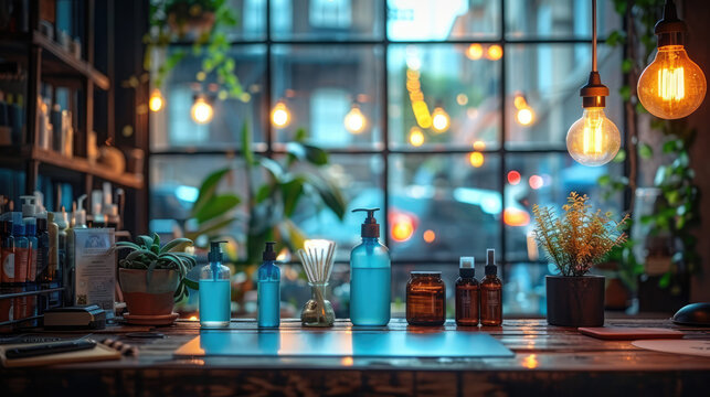 A workspace with hand sanitizer, masks, and social distancing markers, ensuring a safe environment