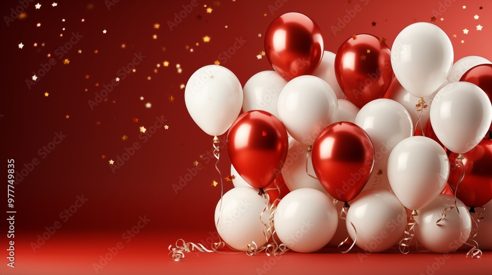 Poster white and red balloons in red isolated background with confetti.