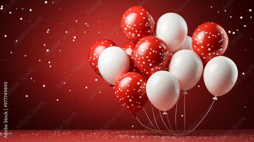 Poster white and red balloons in red isolated background with confetti.