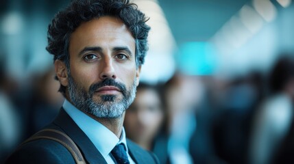 A sophisticated man in a suit looks confidently ahead in a bustling modern venue, demonstrating professionalism and poise amidst a hectic background.