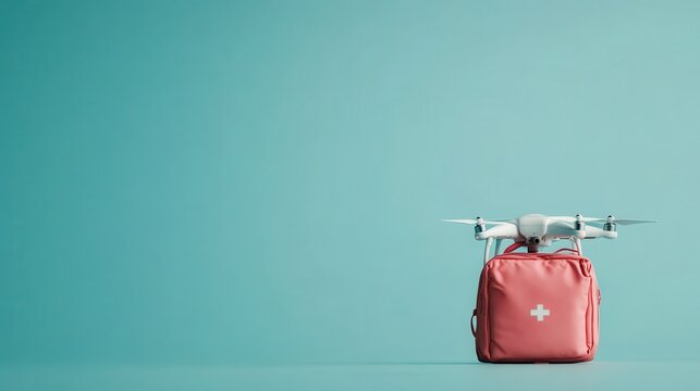 A clean and modern shot of a medical drone with a red cross on its attached bag, set against a simple blue background, representing innovation in medical supply delivery. - Powered by Adobe