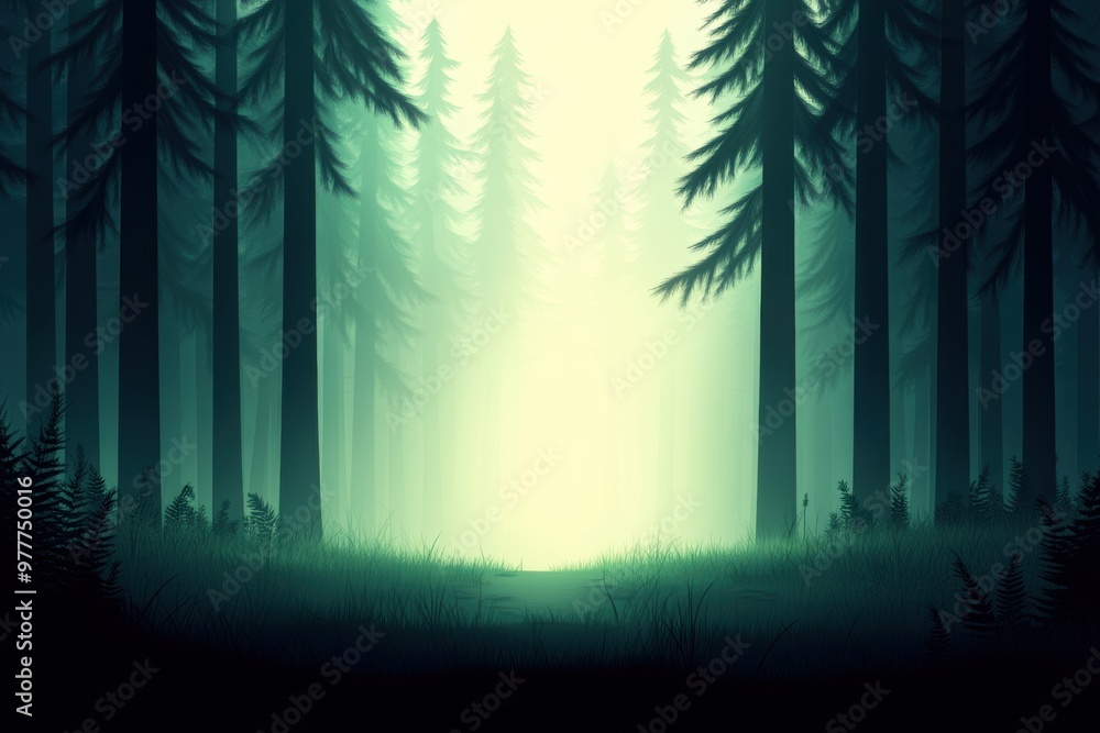 Poster mysterious forest scene with tall trees and a faint light in the background, creating an enchanting 