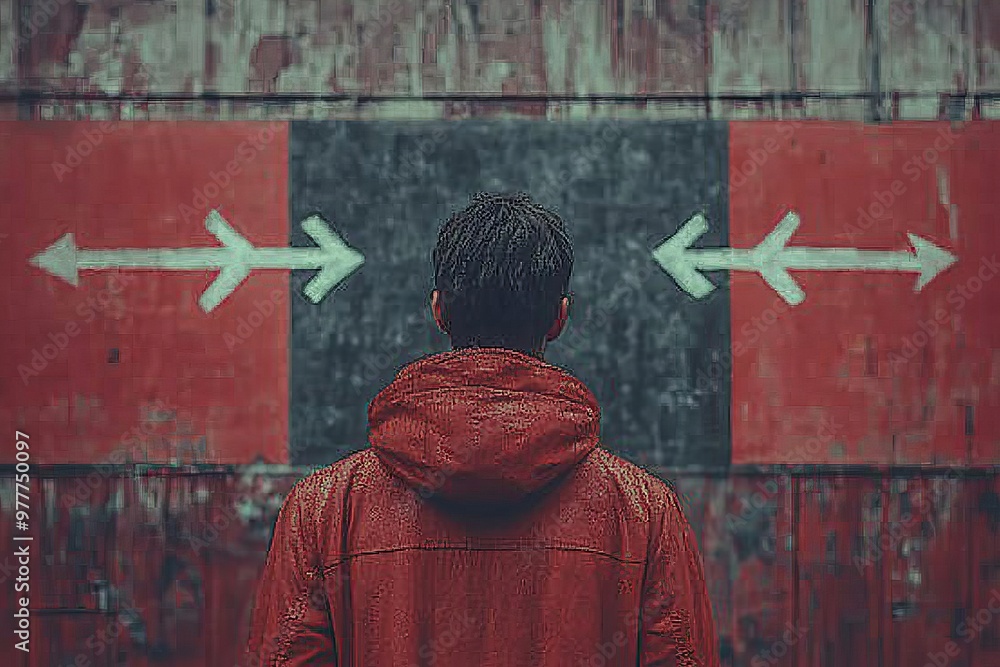 Poster man in red hoodie facing multiple arrows painted on wall symbolizing confusion and the challenge of 