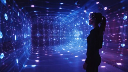 Obraz premium A Person Wearing a VR Headset Stands in a Room with a Purple and Blue Light Display