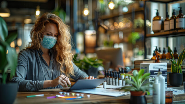A workspace with hand sanitizer, masks, and social distancing markers, ensuring a safe environment