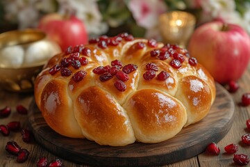 A beautifully golden, round challah bread topped with vibrant red cranberries, displayed on a rustic wooden board.