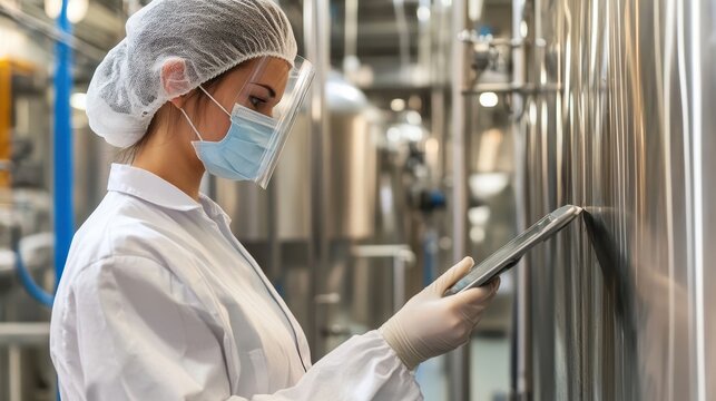 Technician in protective gear inspects food products for hygiene standards in a factory