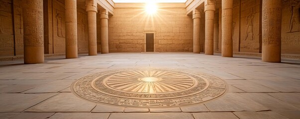 Astrological wheel inlaid in the floor of an ancient temple, sunbeam illuminating the center, historic vibe