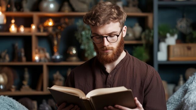Astrology enthusiast reading horoscope in a cozy room filled with mystical artifacts, warm and inviting feel