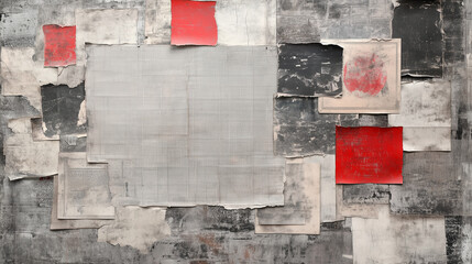 Mixed media abstract artwork with textured layers and red accents, creating a contemporary and artistic vibe with copy space