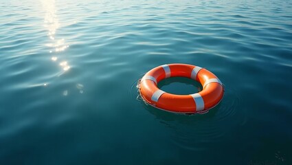 Vibrant orange lifebuoy on calm blue sea under sunlight