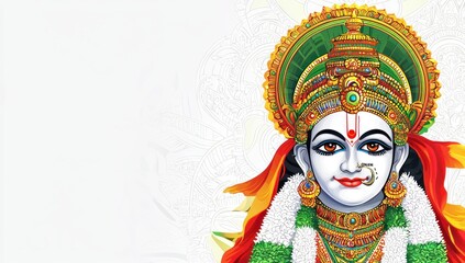 Vector illustration of the happy Onam festival with a Kathakali mask in an abstract background with the text "HAPPY ONAM". Vector illustration for design elements, greeting cards, and banner templates