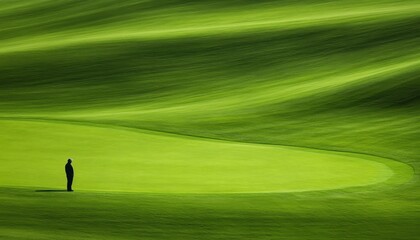 An isolated figure stands peacefully on a lush green golf course, surrounded by smooth rolling hills and vibrant grass.