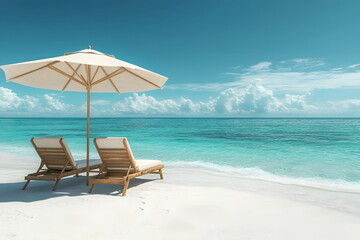 Obraz premium Chairs with comfortable cushions and a large white beach umbrella casting soft shadows on fine white sand. The clear turquoise water gently touches the shore, giving a sense of peace and relaxation.