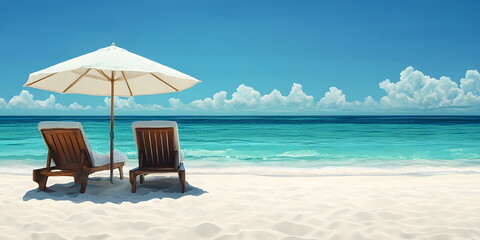Fototapeta premium Chairs with comfortable cushions and a large white beach umbrella casting soft shadows on fine white sand. The clear turquoise water gently touches the shore, giving a sense of peace and relaxation.