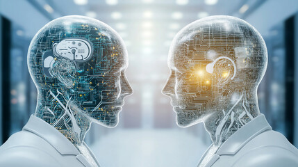 Obraz premium Two humanoid robots facing each other in a futuristic AI data center