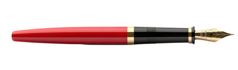Classic fountain pen with gold accents and red body, Isolated PNG with Transparent Background