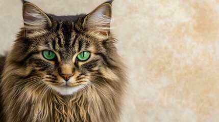 A close-up portrait of a sawet cat with striking green eyes, showcasing its detailed fur texture against a light solid color backdrop