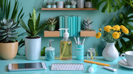 A workspace with hand sanitizer, masks, and social distancing markers, ensuring a safe environment