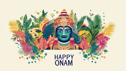 Vector illustration of the happy Onam festival with a Kathakali mask in an abstract background with the text "HAPPY ONAM". Vector illustration for design elements, greeting cards, and banner templates
