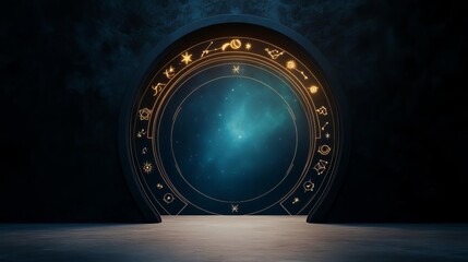 Celestial gate with zodiac symbols glowing, passageway to another dimension, otherworldly