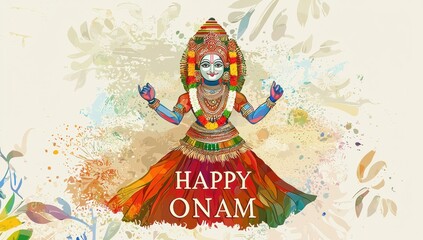 Obraz premium Vector illustration of the happy Onam festival with a Kathakali mask in an abstract background with the text 