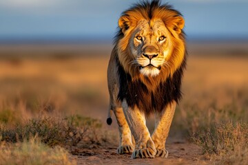 Kenya lion stalking its prey in the open plains, preparing for a hunt during the golden hour