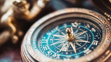 Close-up of a celestial compass with zodiac markings, detailed and precise craftsmanship