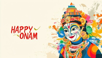 Vector illustration of the happy Onam festival with a Kathakali mask in an abstract background with the text "HAPPY ONAM". Vector illustration for design elements, greeting cards, and banner templates