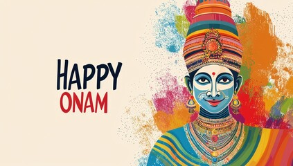 Vector illustration of the happy Onam festival with a Kathakali mask in an abstract background with the text "HAPPY ONAM". Vector illustration for design elements, greeting cards, and banner templates