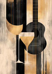 Fototapeta premium Abstract guitar and wine glasses in black and gold tones