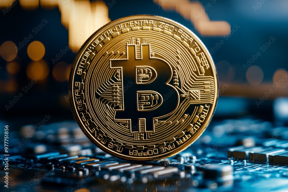 Poster bitcoin coin on circuit board symbolizing the integration of cryptocurrency and modern financial sys