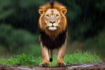Fototapeta premium Kenya lion standing in the rain, its mane soaked but its stance unwavering, representing the untamed beauty of the wild