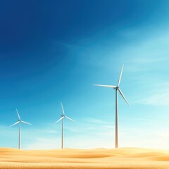 Scenic view of three wind turbines in a golden landscape under a bright blue sky, symbolizing renewable energy and sustainability.