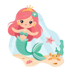 Sweet and kind mermaid with open arms and crown on white Background. Vector Illustration in flat cartoon style