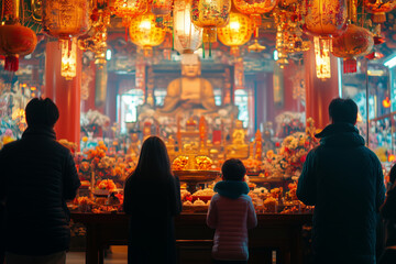 Fototapeta premium Families engage in a serene moment of devotion at a vibrant temple adorned with colorful lanterns and rich offerings during a festive celebration