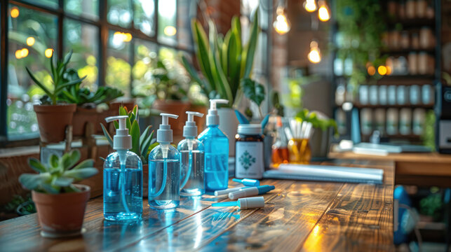 A workspace with hand sanitizer, masks, and social distancing markers, ensuring a safe environment