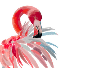 Vibrant watercolor illustration of exotic tropical birds, featuring a majestic flamingo, a colorful lilac-breasted roller, and a striking red parrot. Perfect for nature, wildlife, and artistic designs