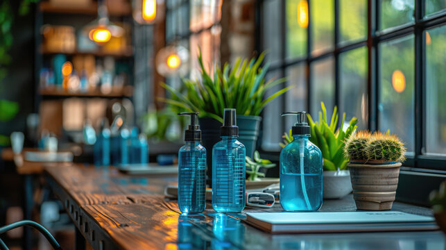 A workspace with hand sanitizer, masks, and social distancing markers, ensuring a safe environment