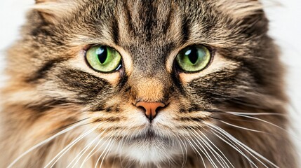 Obraz premium A close-up portrait of a Siberian cat with bright green eyes, capturing the intricate details of its fur and whiskers against a light solid color background