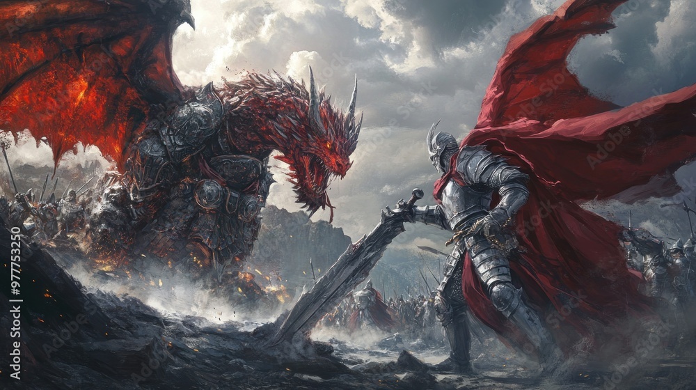 Canvas Prints A knight with a giant sword confronts a fiery dragon, with armies on both sides.