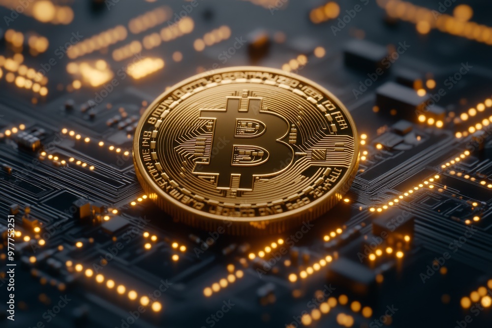 Aufkleber bitcoin coin on glowing circuit board reflecting the integration of cryptocurrency in the global dig
