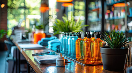 A workspace with hand sanitizer, masks, and social distancing markers, ensuring a safe environment